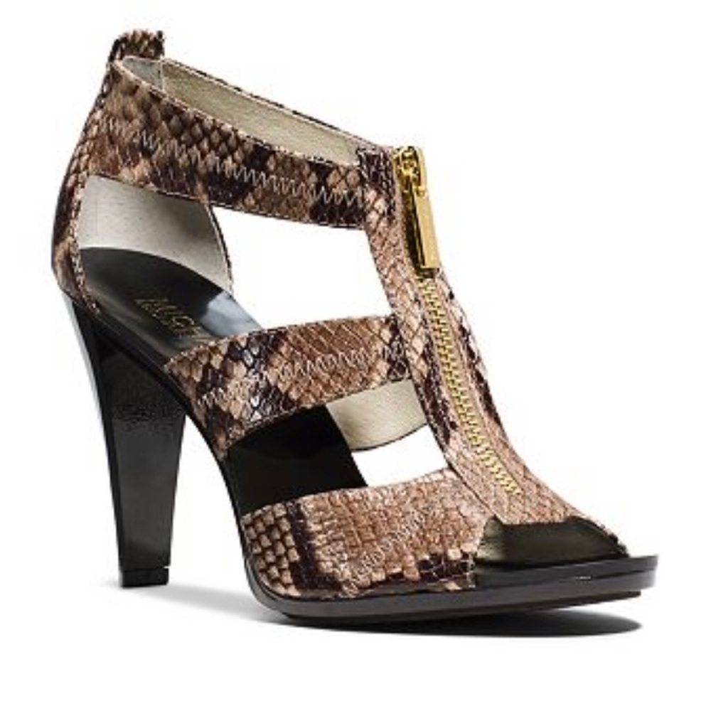 Michael Kors Berkeley T-strap Brown Snakeskin Zip-Up Heel Sandal